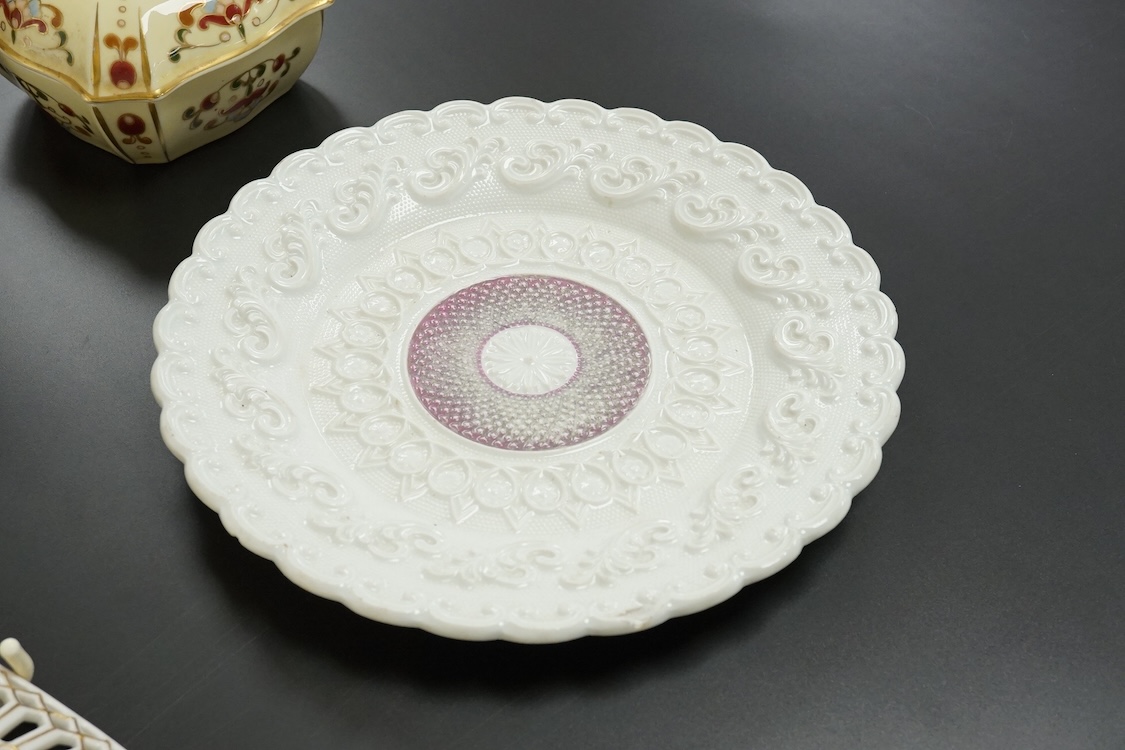 A Meissen plate, a Zsolnay box and cover, and two continental plates, largest 24cm in diameter